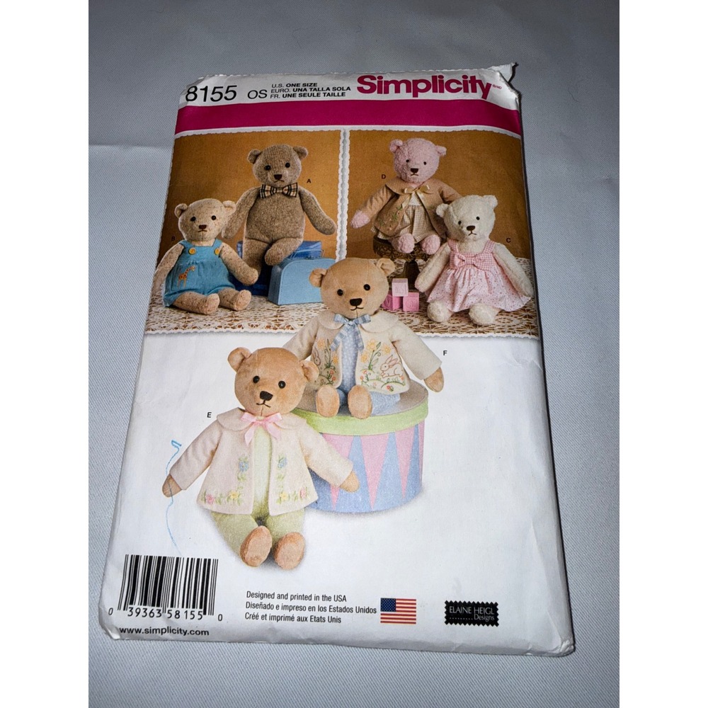 Simplicity 8155 Stuffed Teddy Bears with Clothes Sewing Pattern Elaine Heigl OS